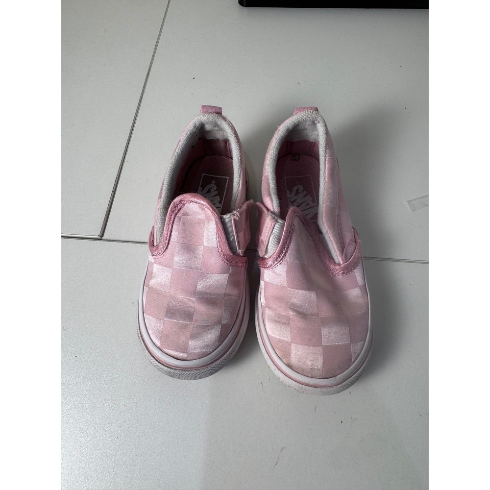 Vans Checkerboard Satin Slip On Shoes Kids 8 Pink Rose Embroidery Hook Loop